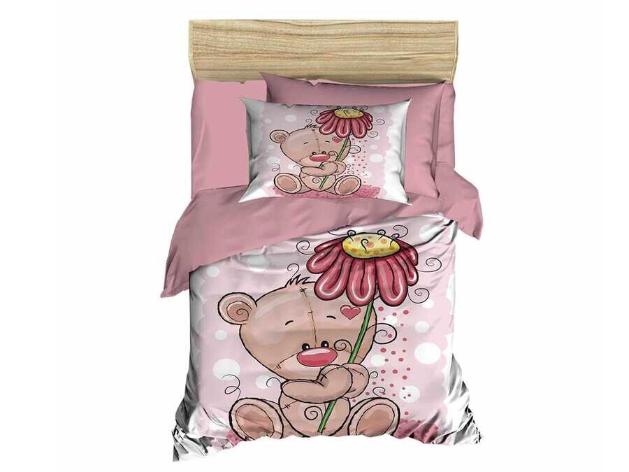 Çeyiz Diyarı - Flower Bear طقم غطاء لحاف للأطفال منقوش برسومات ثلاثيه الابعاد لون وردي فاتح Çeyiz Diyarı - Flower Bear طقم غطاء لحاف للأطفال منقوش برسومات ثلاثيه الابعاد لون وردي فاتح