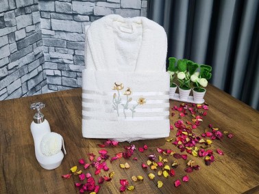 Flower Embroidered Bathrobe Set 2 pcs, Bathrobe M-L, Towels 90x50 cm Cotton Cream - Thumbnail