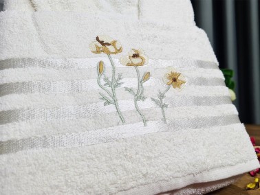 Flower Embroidered Bathrobe Set 2 pcs, Bathrobe M-L, Towels 90x50 cm Cotton Cream - Thumbnail