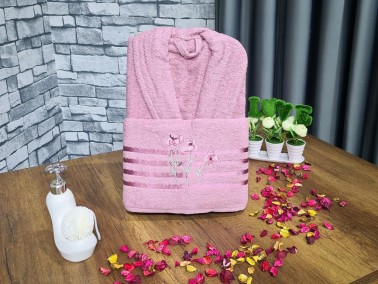 Flower Embroidered Bathrobe Set 2 pcs, Bathrobe M-L, Towels 90x50 cm Cotton Cream Dry Rose - Thumbnail