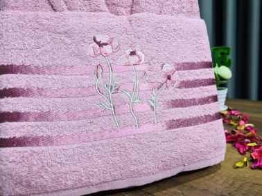 Flower Embroidered Bathrobe Set 2 pcs, Bathrobe M-L, Towels 90x50 cm Cotton Cream Dry Rose - Thumbnail