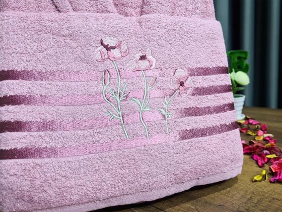Flower Embroidered Bathrobe Set 2 pcs, Bathrobe M-L, Towels 90x50 cm Cotton Cream Dry Rose
