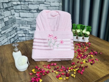 Flower Embroidered Bathrobe Set 2 pcs, Bathrobe M-L, Towels 90x50 cm Cotton Pink - Thumbnail