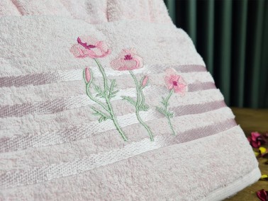 Flower Embroidered Bathrobe Set 2 pcs, Bathrobe M-L, Towels 90x50 cm Cotton Pink - Thumbnail