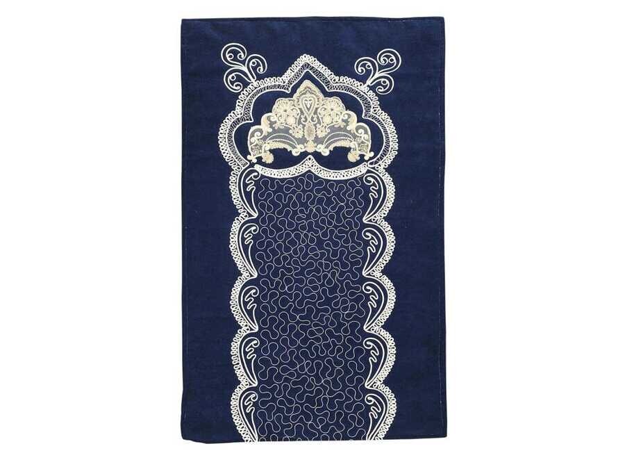 Dowry World - French Appliqué Ruby Lux Velvet Prayer Rug Navy Blue Dowry World - French Appliqué Ruby Lux Velvet Prayer Rug Navy Blue