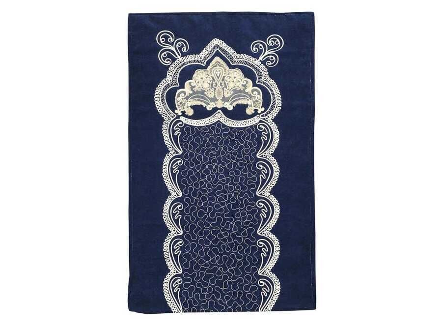 French Appliqué Ruby Lux Velvet Prayer Rug Navy Blue