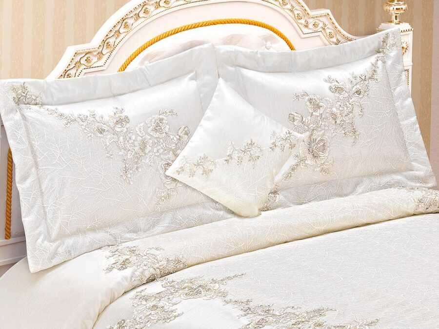  Destan French Lace Double Bedspread Cream - Thumbnail