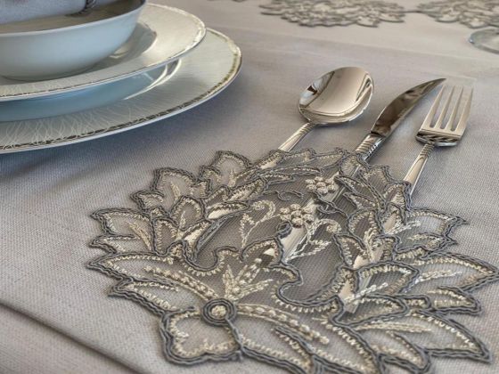 Handcrafted Sycamore 34 Piece Placemat Set Gray With French Lace