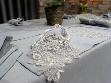 French Lace Handcrafted Hercai 34 Piece Placemat Set Gray - Thumbnail