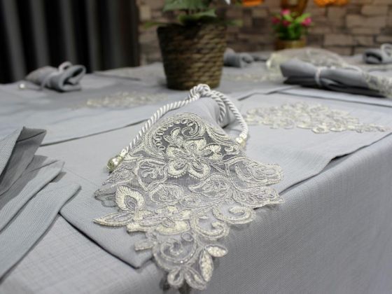 French Lace Handcrafted Hercai 34 Piece Placemat Set Gray