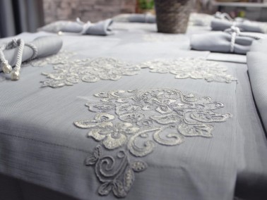 French Lace Handcrafted Hercai 34 Piece Placemat Set Gray - Thumbnail