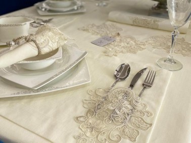 French Lace Handcrafted Hercai 34 Piece Placemat Set Cream - Thumbnail