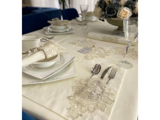 French Lace Handcrafted Hercai 34 Piece Placemat Set Cream