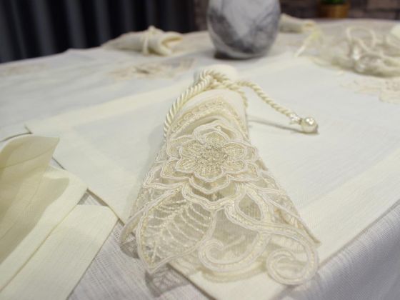 Handcrafted Violet with French Lace 34 Piece Placemat Set Cream