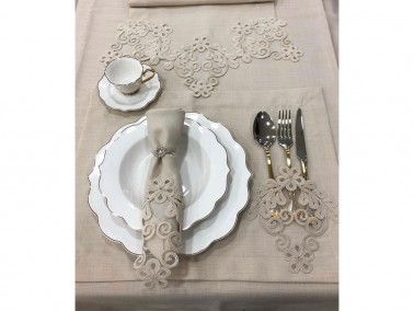 French Lace Handcrafted Şehzade 34 Piece Placemat Set Cappucino - Thumbnail