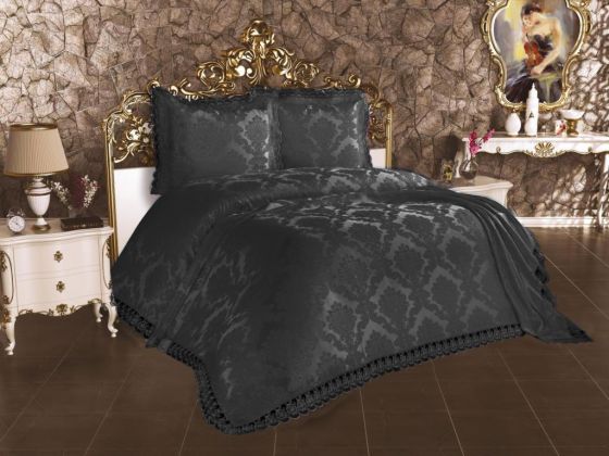Fransız Dantelli Lalezar Yatak Örtüsü Siyah