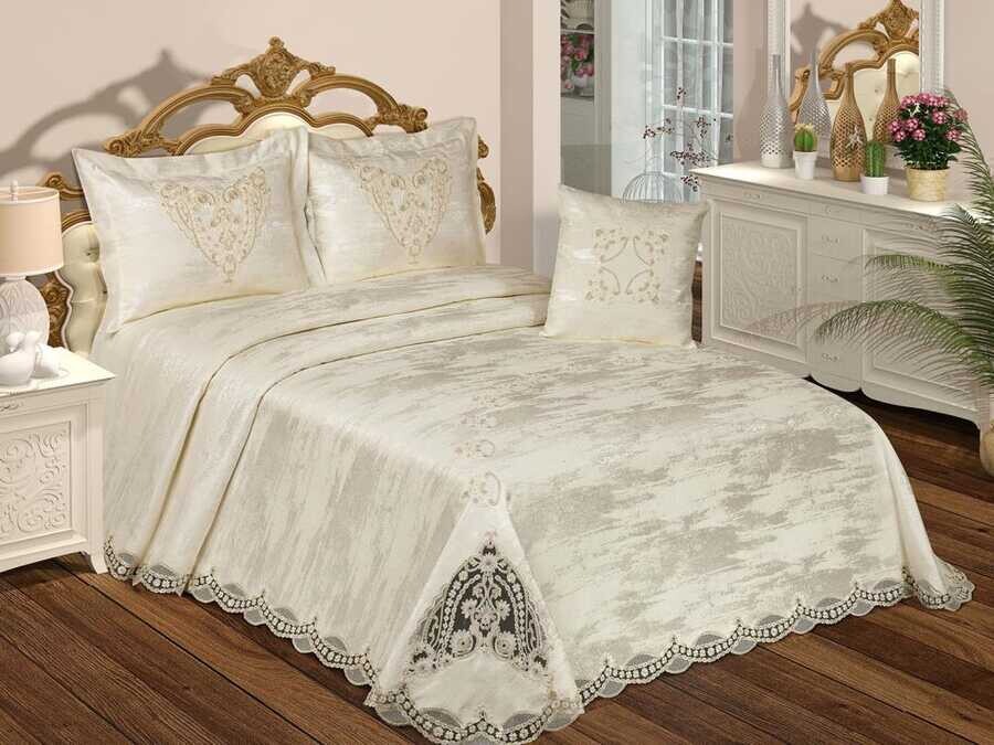  French Lace Mimosa Double Bed Cover Cream - Thumbnail