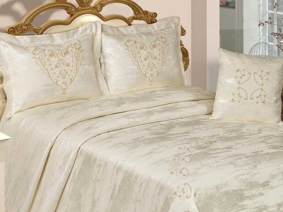  French Lace Mimosa Double Bed Cover Cream - Thumbnail