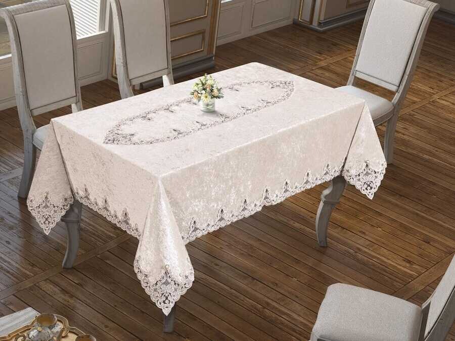 French Guipure Angelina Velvet Waterproof Table Cloth Cream - Thumbnail