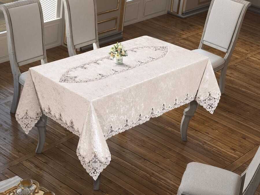 French Guipure Angelina Velvet Waterproof Table Cloth Cream