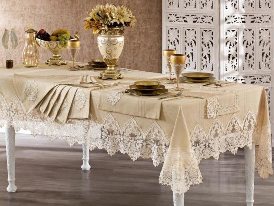 French Guipure Başak Linen A. Serviced Table Cloth Set 14 Pieces