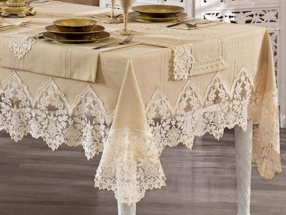 French Guipure Başak Linen A. Serviced Table Cloth Set 14 Pieces