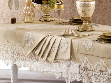 French Guipure Başak Linen A. Serviced Table Cloth Set 14 Pieces - Thumbnail