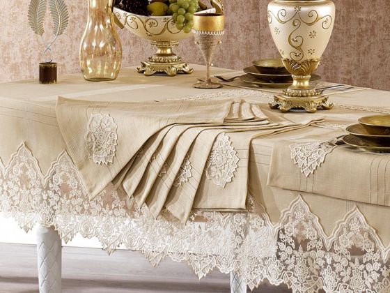 French Guipure Başak Linen A. Serviced Table Cloth Set 14 Pieces