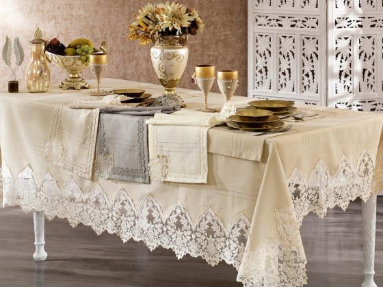French Guipure Başak Linen A. Serviced Table Cloth Set 14 Pieces