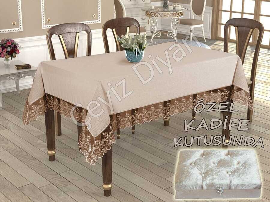  French Laced Büşra Table Cloth Cappucino Velvet Boxed - Thumbnail