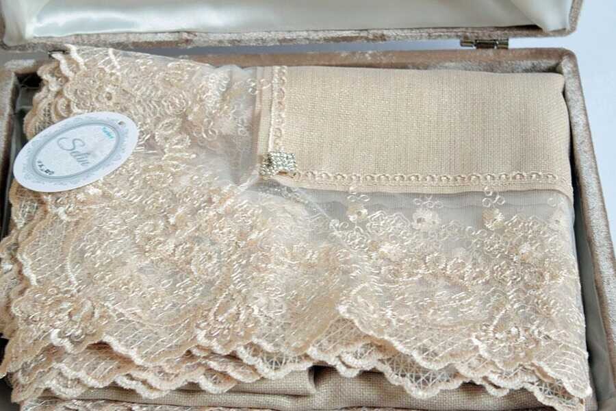  French Laced Büşra Table Cloth Cappucino Velvet Boxed - Thumbnail