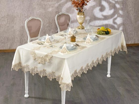 French Guipure Sycamore Table Cloth Set Ecru Gold 50 Pieces
