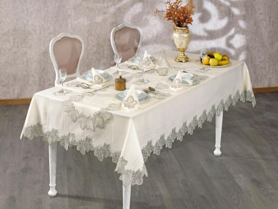French Guipure Sycamore Table Cloth Set Ecru Silver 50 Pieces