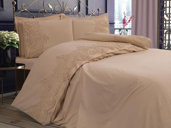 French Guipure Deren Double Duvet Cover Set Cappucino