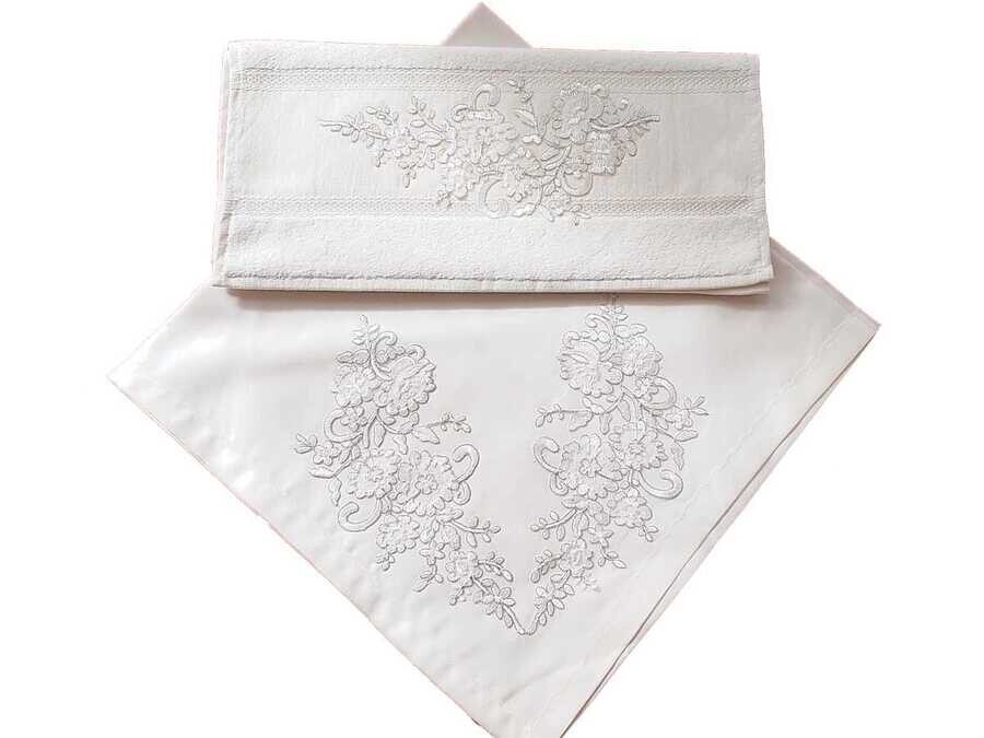 French Guipure Ebrar Satin Towel Bundle Set 2 PCS - Cream - Thumbnail