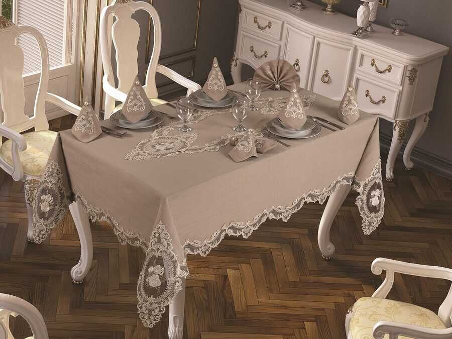  French Laced Elite Tablecloth Set 18 Piece Cappucino