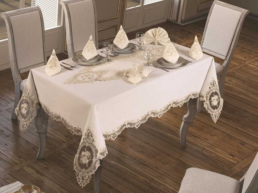  French Laced Elite Tablecloth Set 18 Pieces Ecru Gold