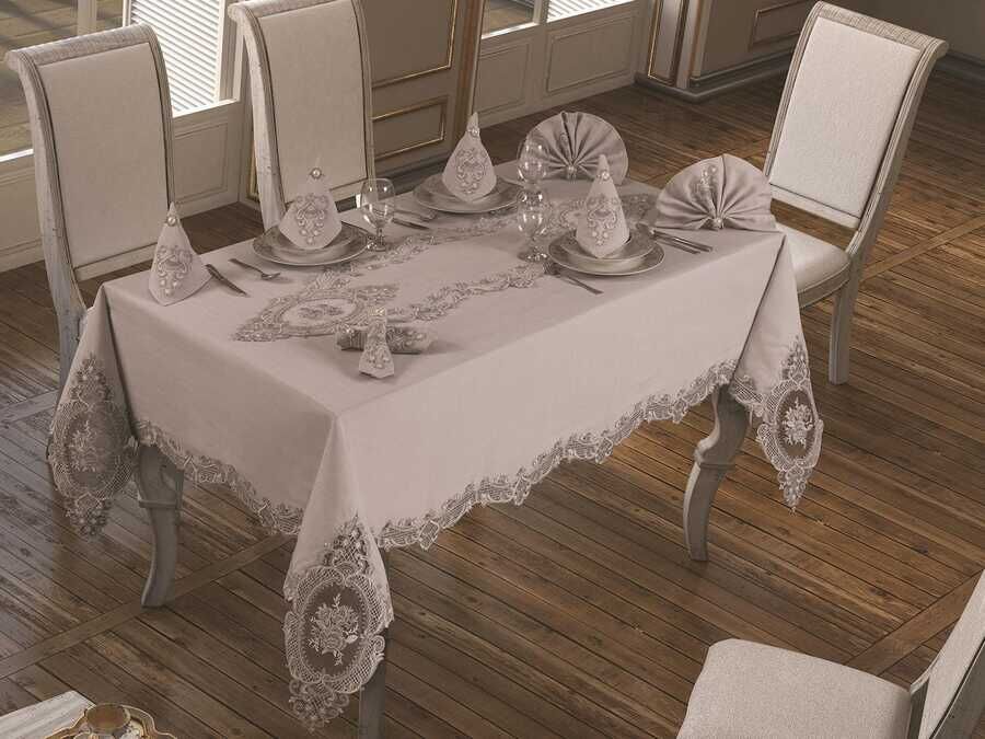 French Laced Elite Tablecloth Set 18 Piece Gray