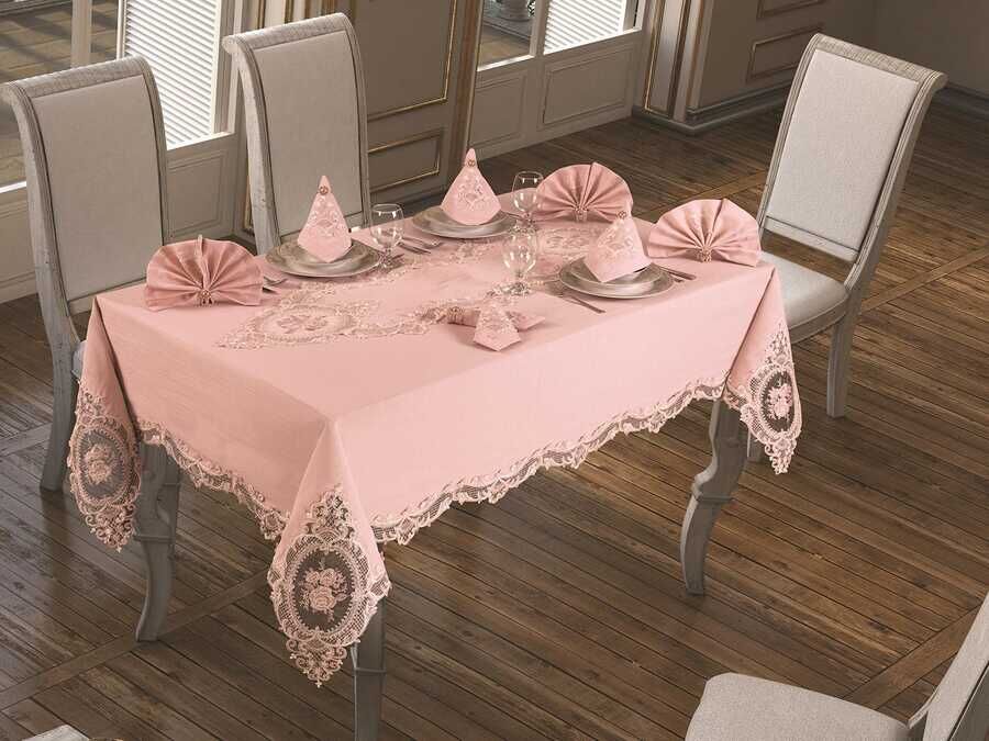 French Laced Elite Tablecloth Set 18 Piece Powder