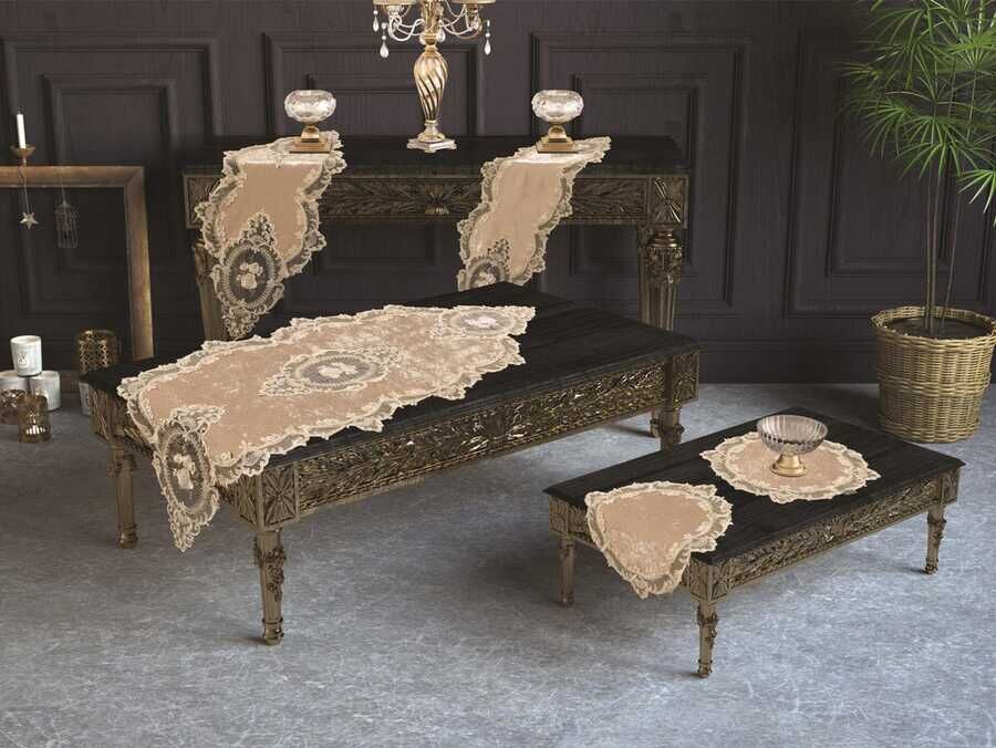  French Laced Elite Velvet Living Room Set 5 Pieces Cappucino