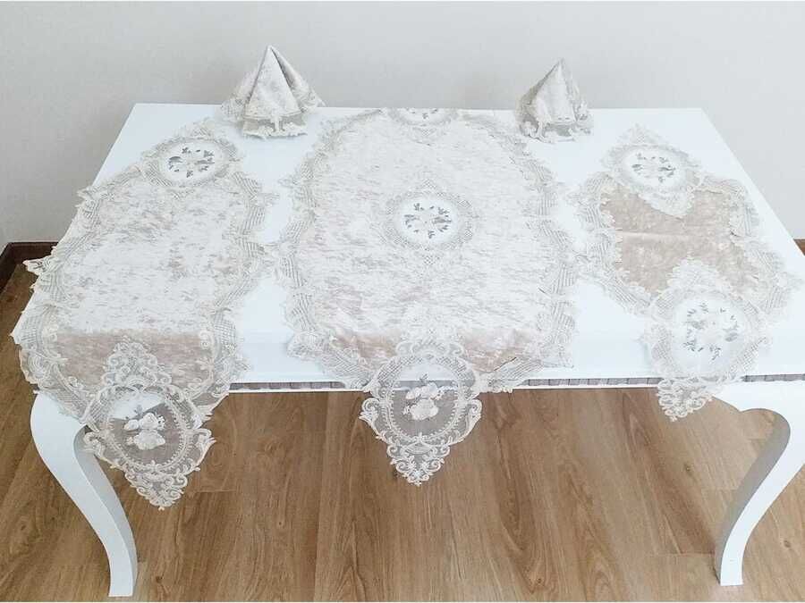  French Laced Elite Velvet Living Room Set 5 Pieces Cappucino