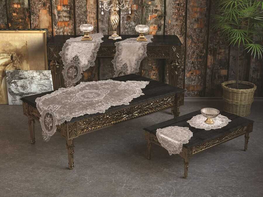  French Laced Elite Velvet Living Room Set 5 Pieces Grey