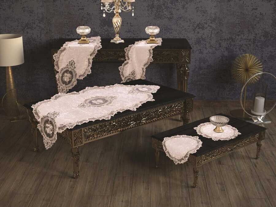  French Laced Elite Velvet Living Room Set 5 Pieces Cream - Thumbnail