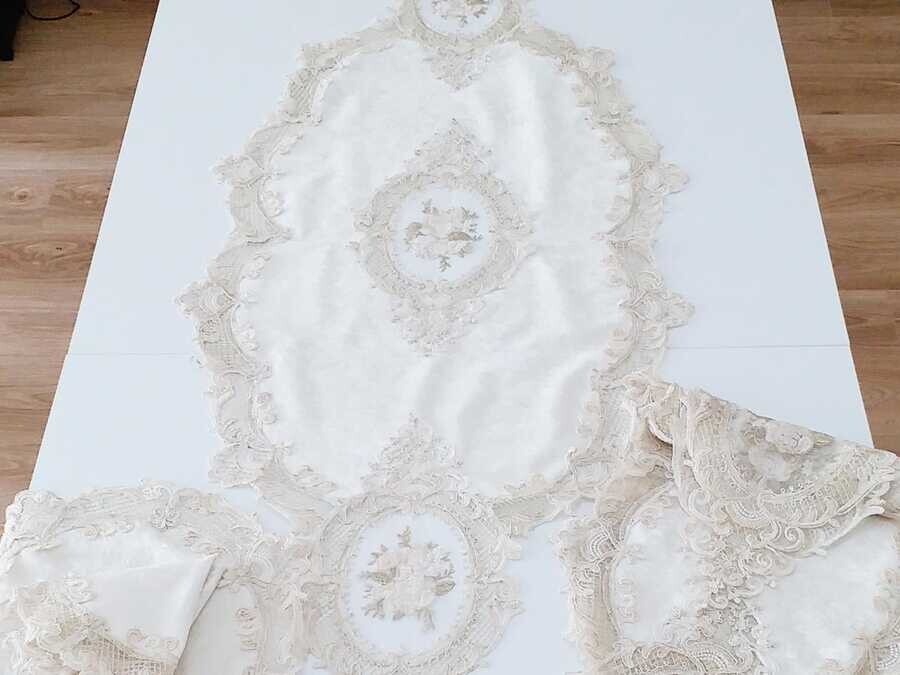  French Laced Elite Velvet Living Room Set 5 Pieces Cream - Thumbnail