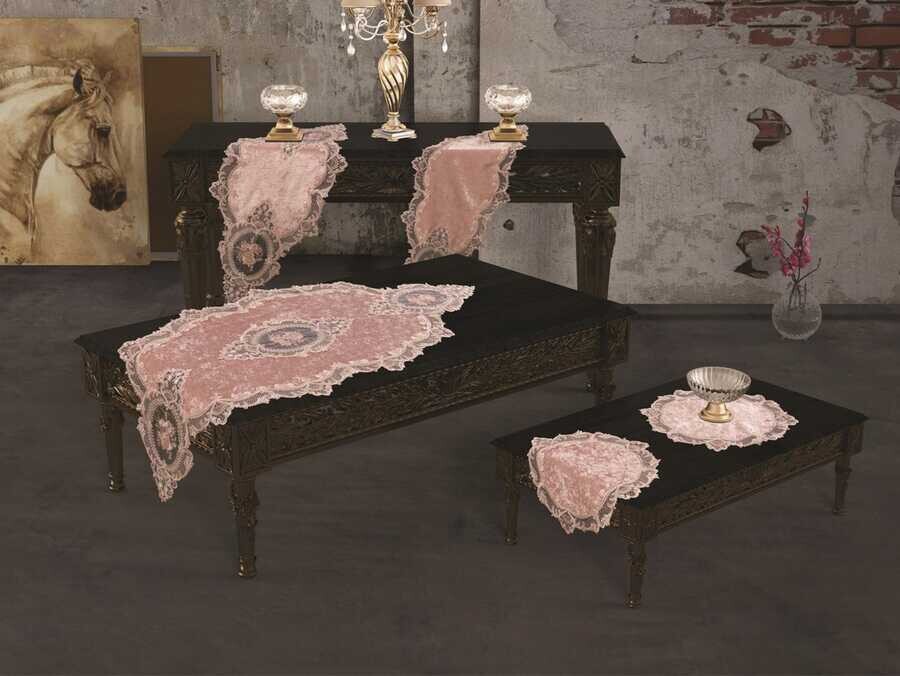 
French Laced Elite Velvet Living Room Set 5 Pieces Powder - Thumbnail