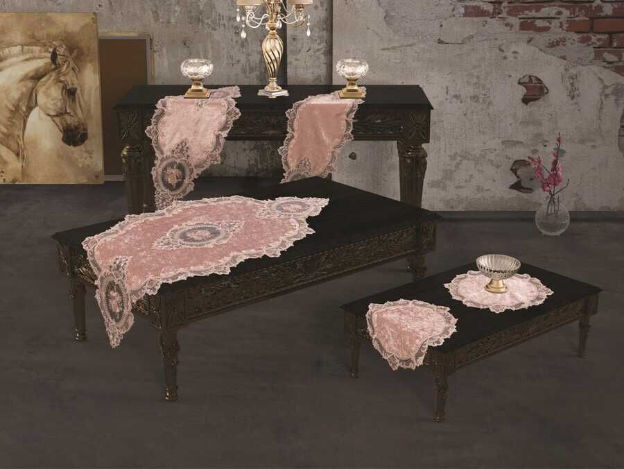 
French Laced Elite Velvet Living Room Set 5 Pieces Powder