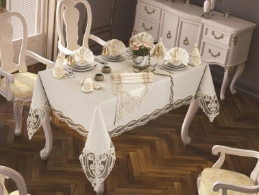 French Guipure Gonca Table Cloth - Cream - Thumbnail