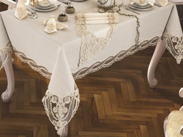 French Guipure Gonca Table Cloth - Cream - Thumbnail