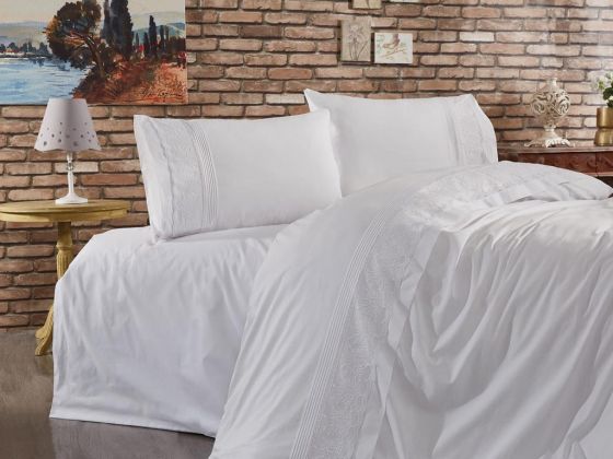 French Guipure Gönül Garden Double Duvet Cover Set White