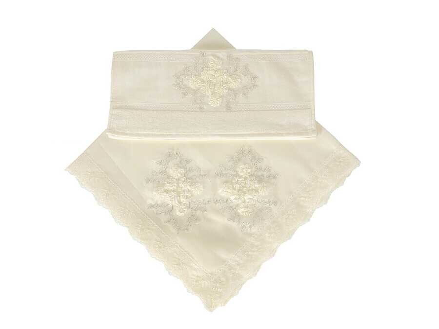 Dowry World - French Laced Gülbuse Satin Towel Bundle Set of 2 Cream Dowry World - French Laced Gülbuse Satin Towel Bundle Set of 2 Cream